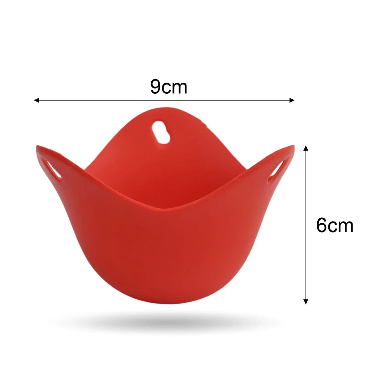 Red silicone egg poacher cup with center hole, microwave-safe cooking mold