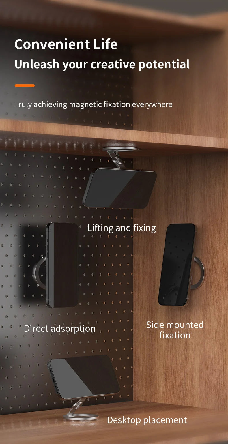 Magnetic phone stand showing desk, wall, and side-mount placement options