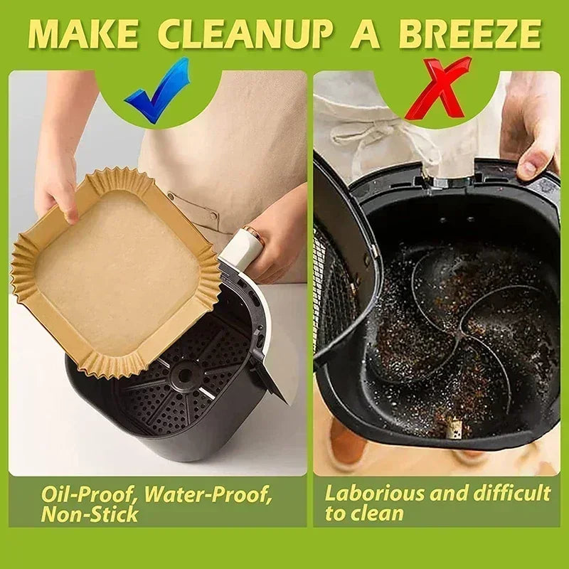 Non-stick parchment air fryer paper liner set with ridged edges, fitted in basket