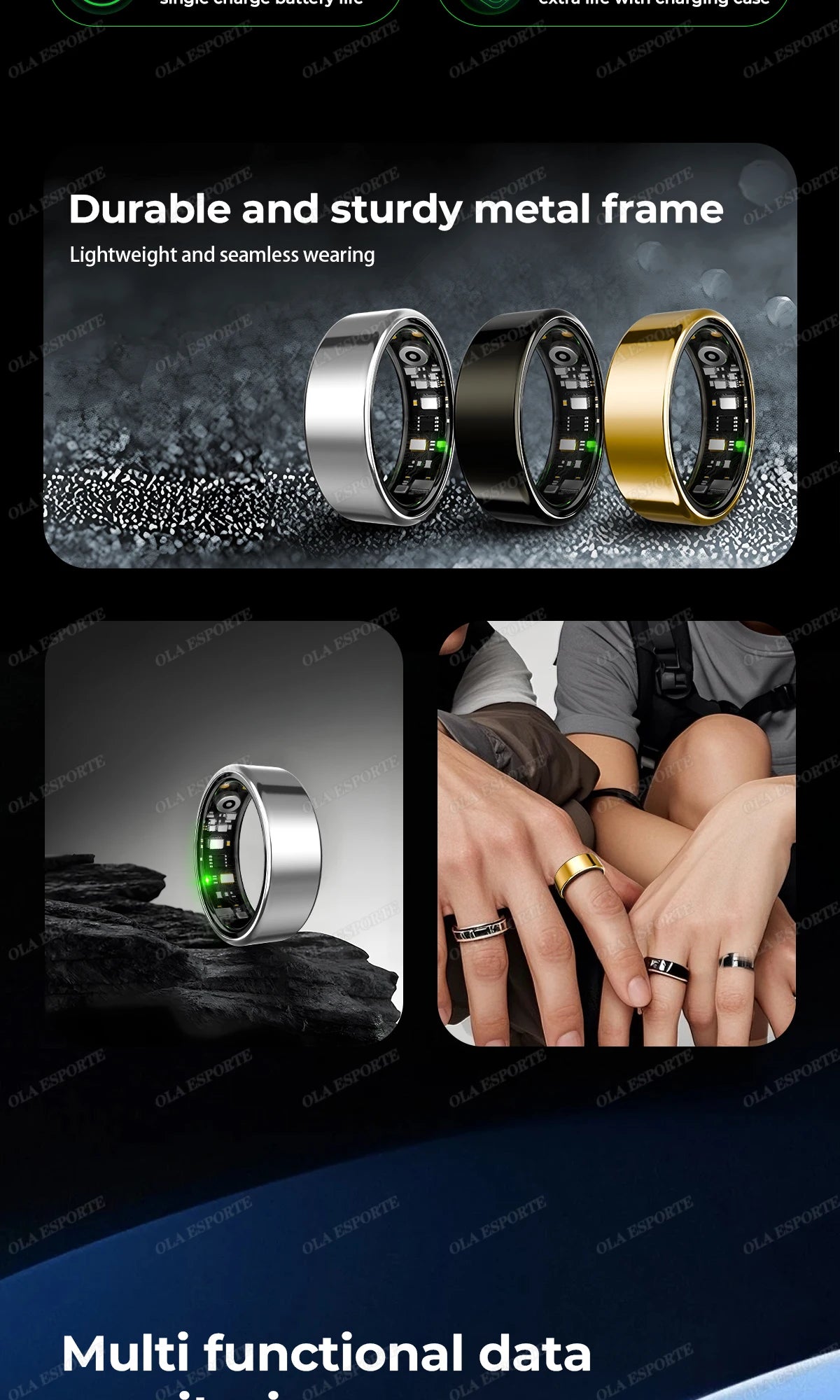 Smart health ring kit with metal bands in silver, black, and gold and glowing sensor display