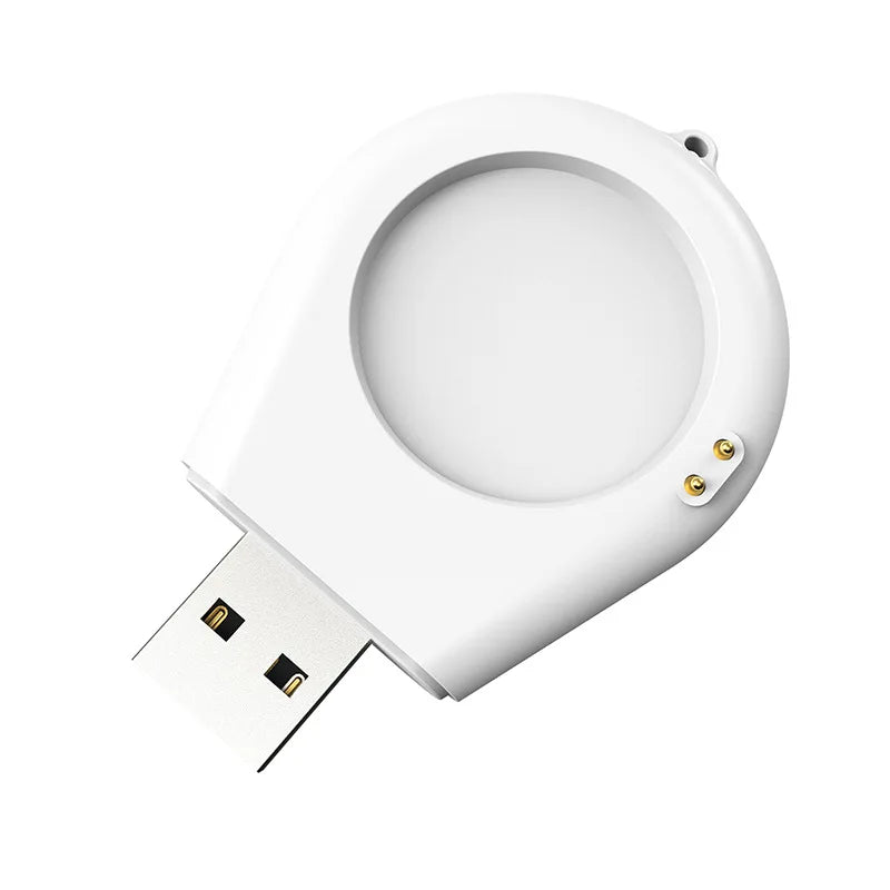 White smartwatch charging dock stand adapter with USB plug and round charging base