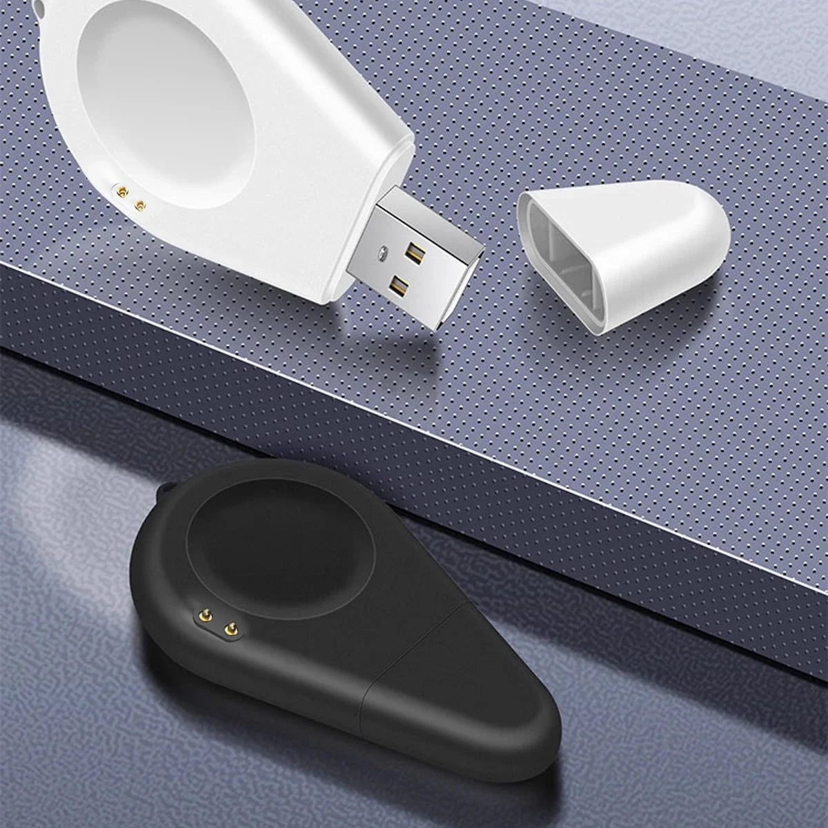 White smartwatch charging dock stand adapter with USB plug and matching cable clip
