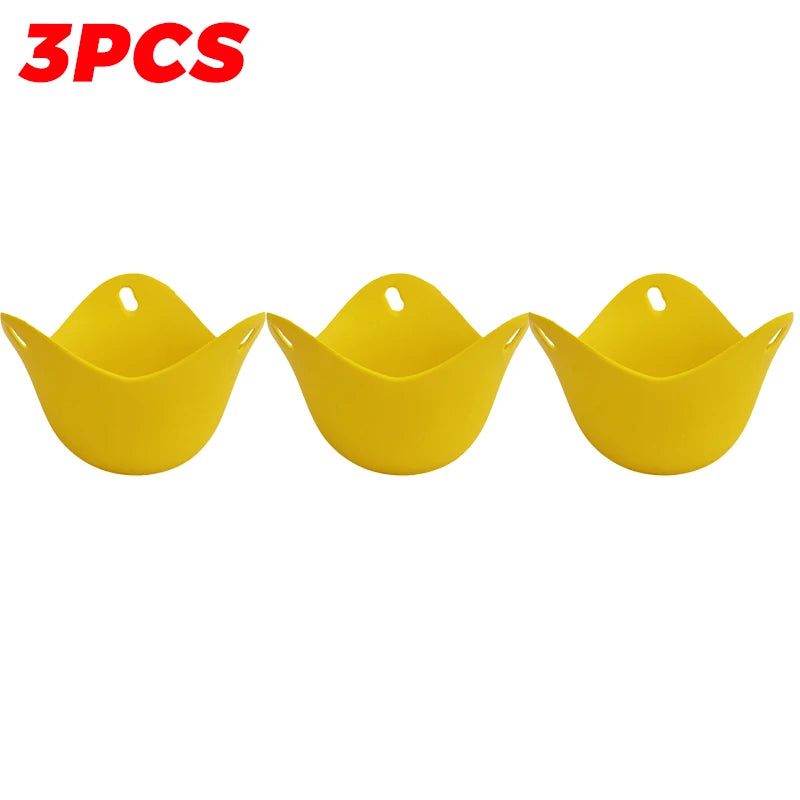 Yellow silicone egg poacher cup set of three with center holes for cooking eggs