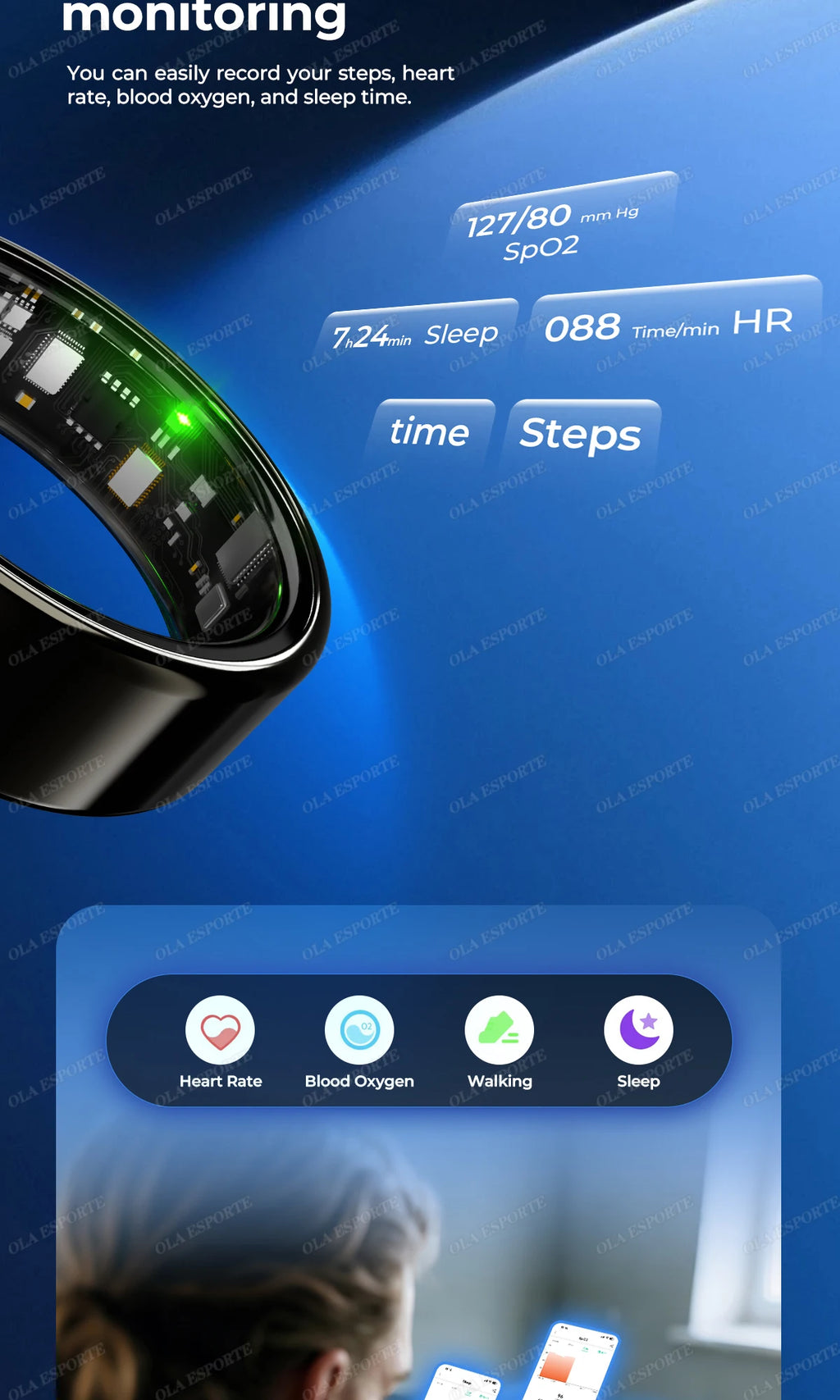 Smart health ring next to smartphone showing heart rate, oxygen, steps, and sleep stats