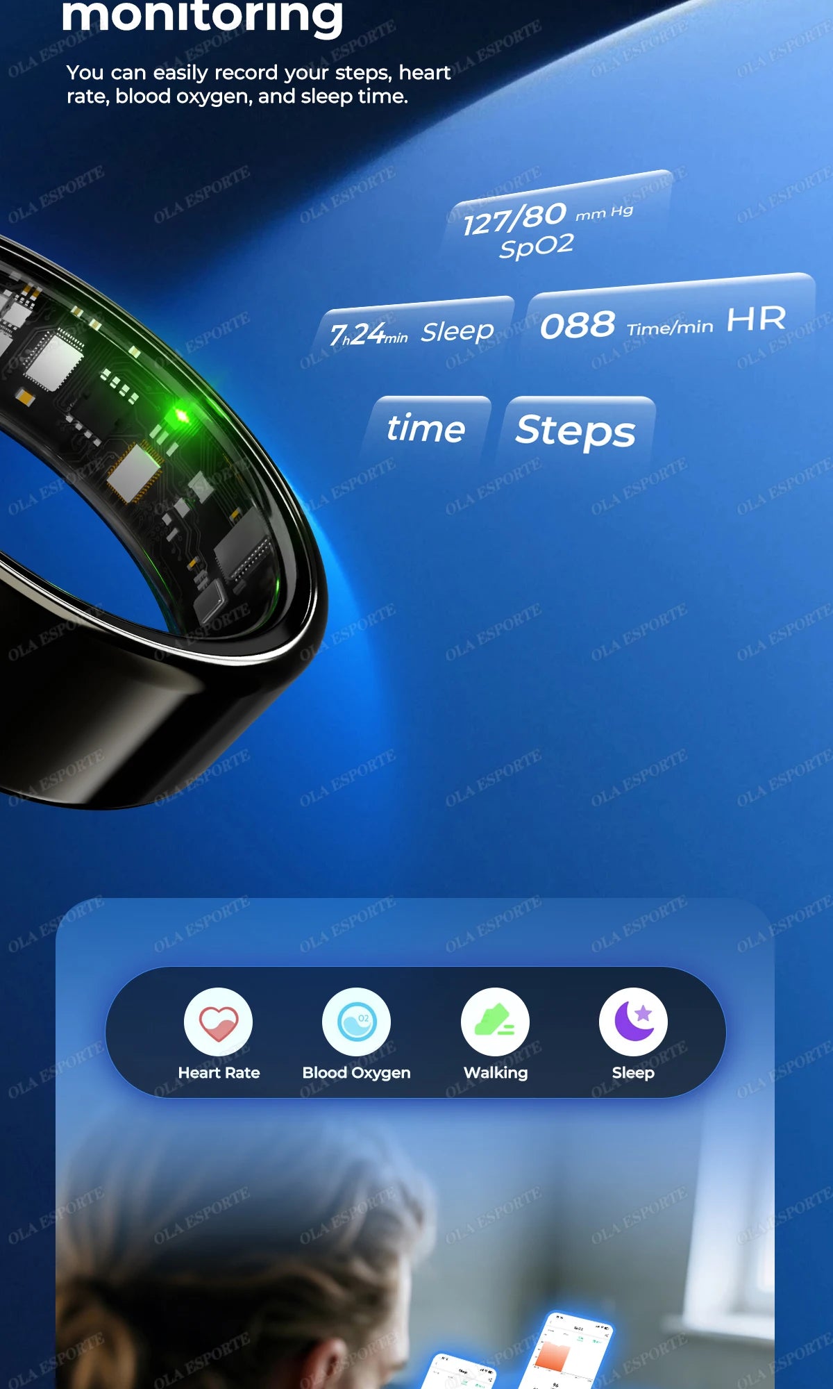 Smart health ring next to smartphone showing heart rate, oxygen, steps, and sleep stats