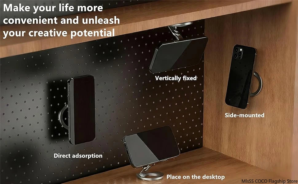 Magnetic phone holder stand for desktop or side mounting with rotating ring grip
