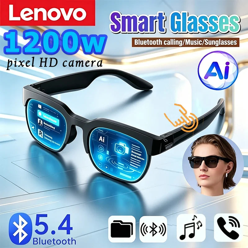 Black smart audio glasses with glowing blue control panel on the lens