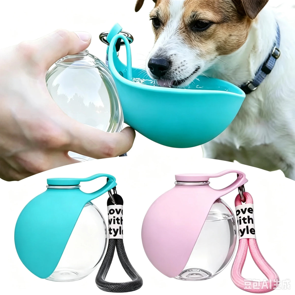 Portable turquoise pet water bottle with collapsible bowl and clear refillable glass flask