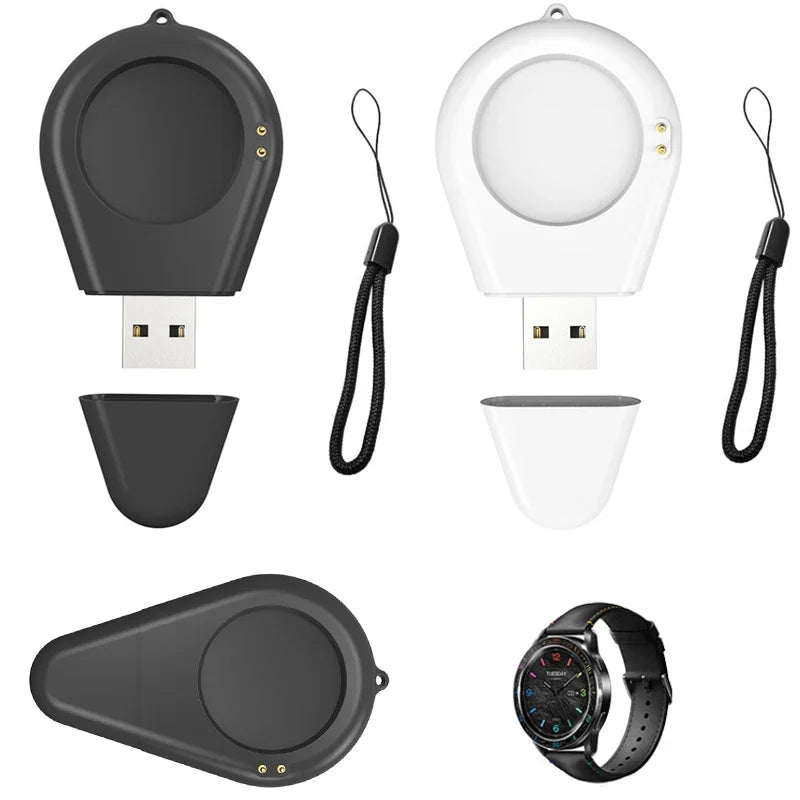 Smartwatch charging dock stand adapter set in black and white, with USB cable