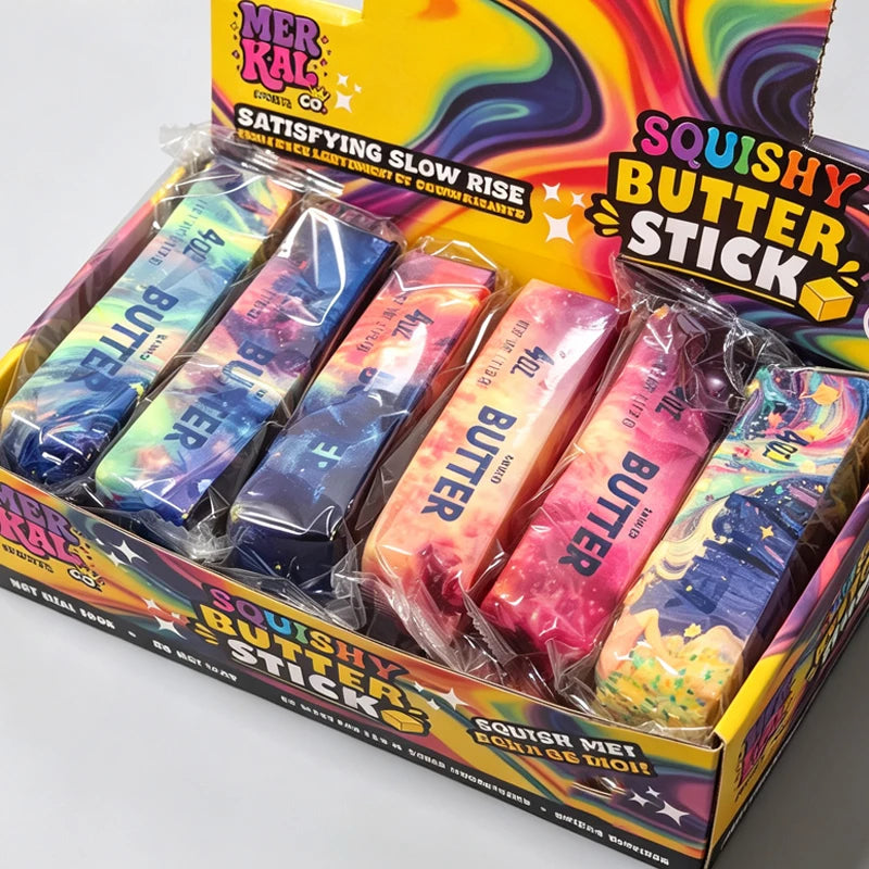 Assorted rainbow squishy butter-stick fidget toys in a retail display box