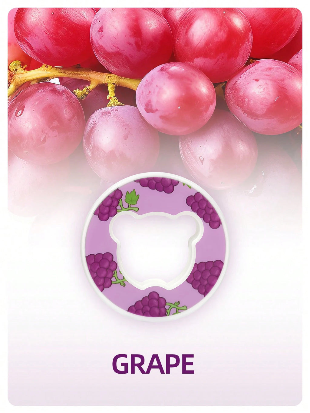 Purple grape bear-shaped flavor pod cap with grape print, rounded white cap