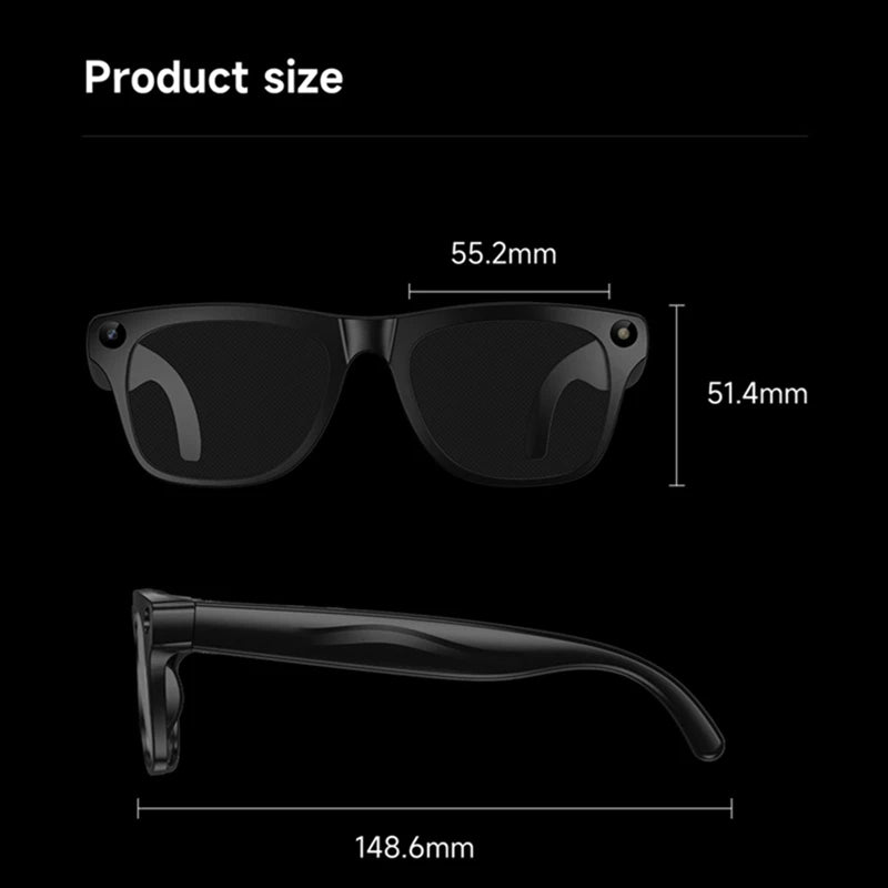 Smart AI camera glasses shown front view with dark lenses and black frame