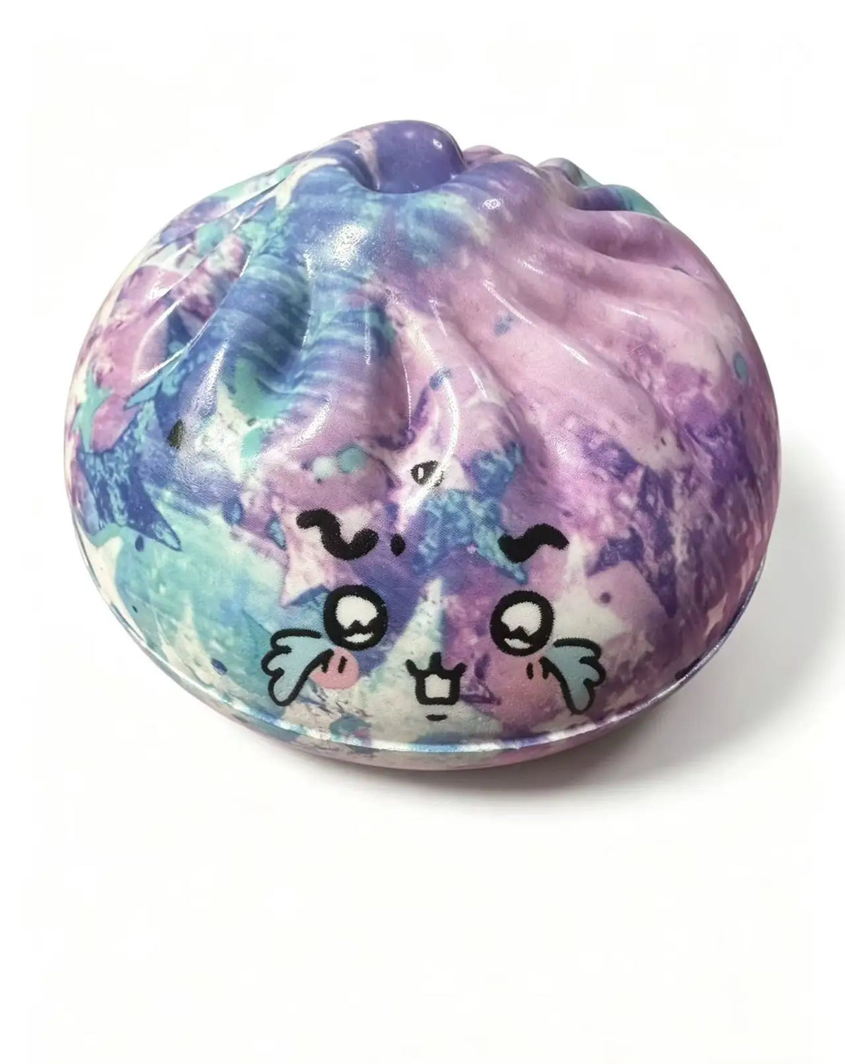 Colorful dumpling squishy toy with panda-style face and purple blue tie-dye