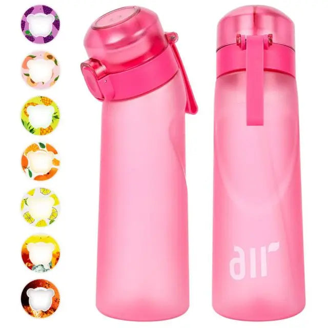 Rose pink transparent air water bottle with built-in straw and flip-top lid, two views.