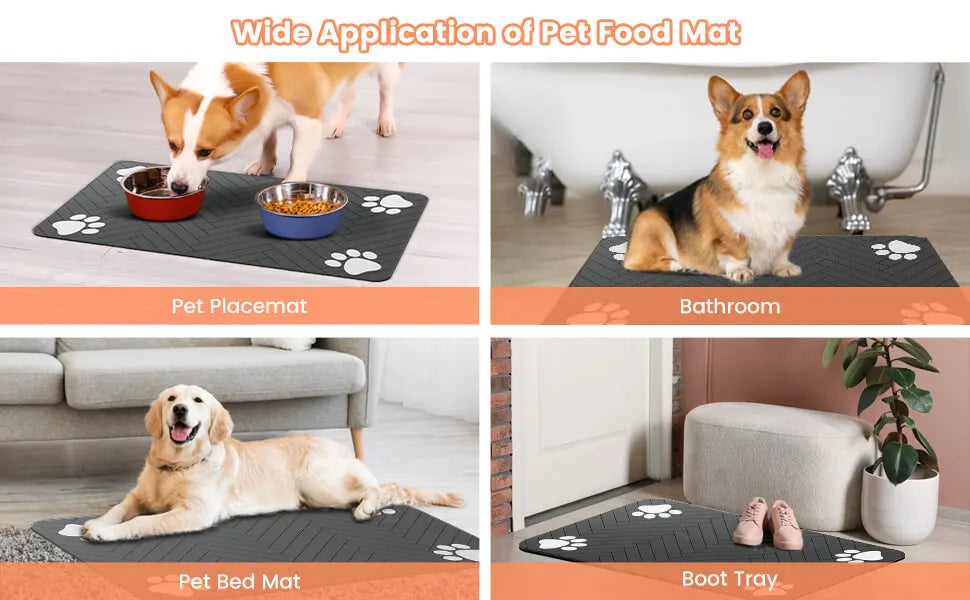Pet feeding placemat with paw print pattern, black absorbent surface for food and water bowls