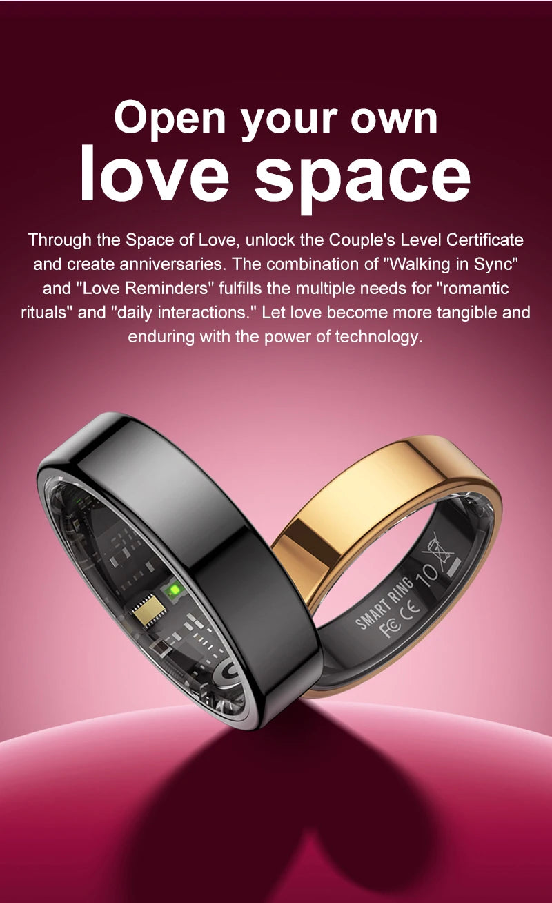 Black and gold smart health rings with status display windows on bands