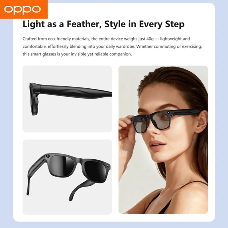 Black smart glasses with rectangular dark lenses, worn by a person