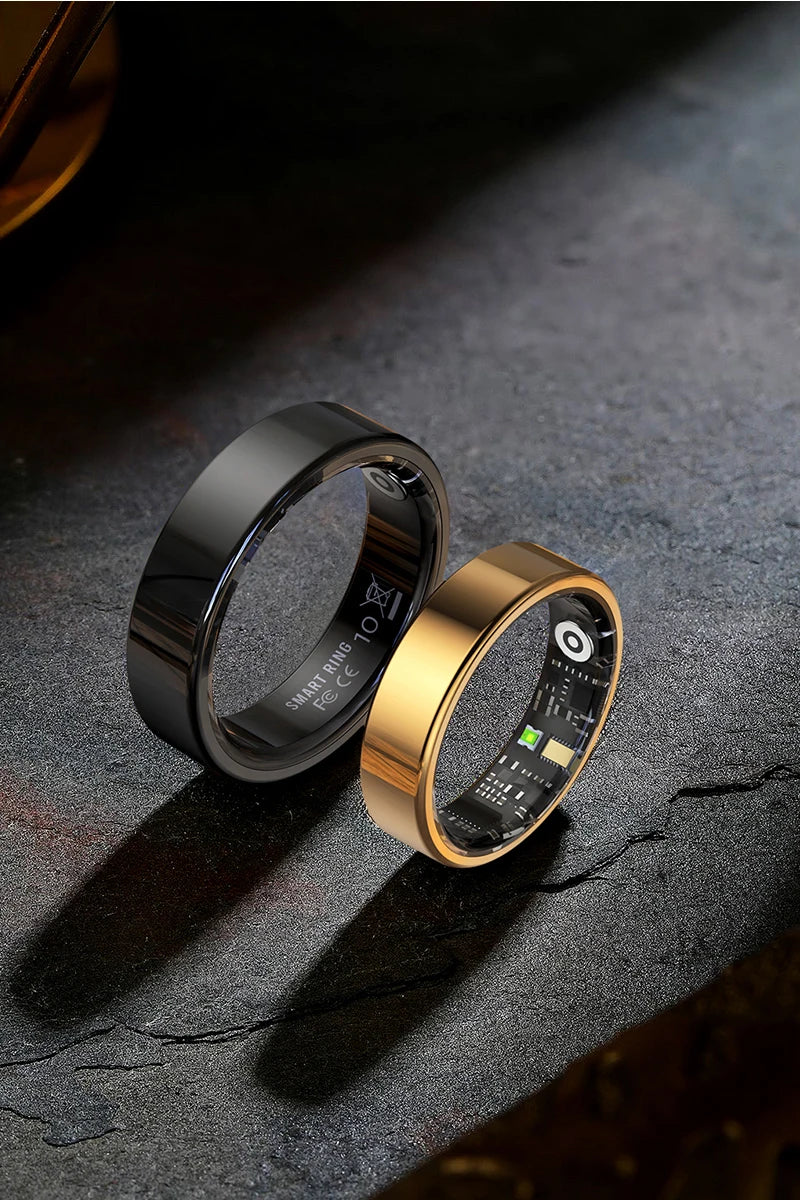 Black and gold smart health ring with glowing status display window
