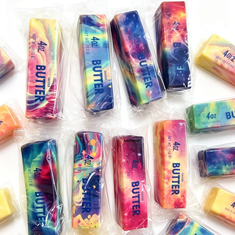 Bagged rainbow butter-stick squishy toys with starry sky print, assorted colors