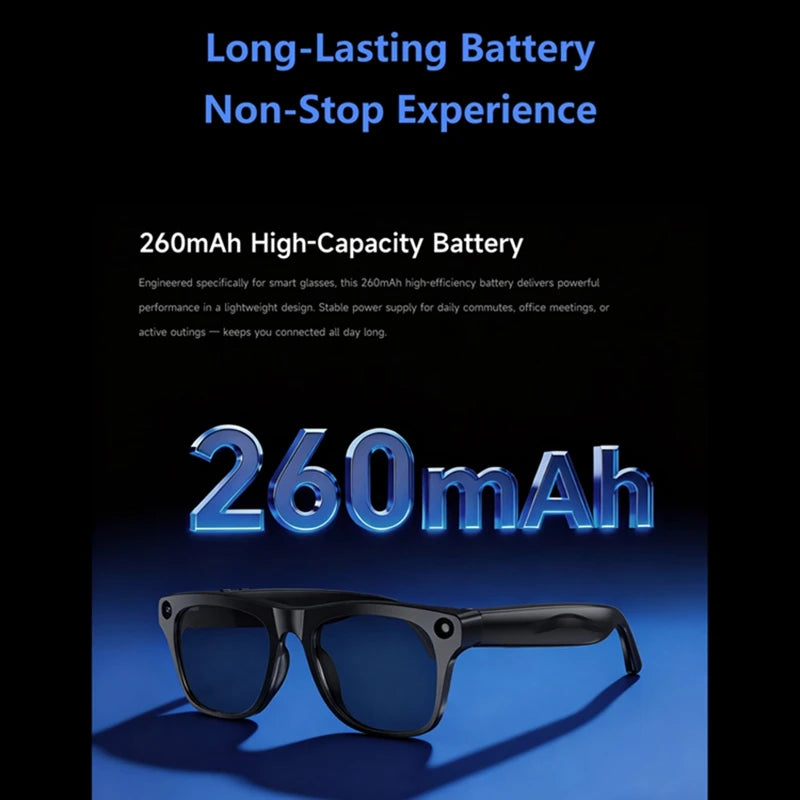 Smart AI camera glasses with dark lenses and black frame