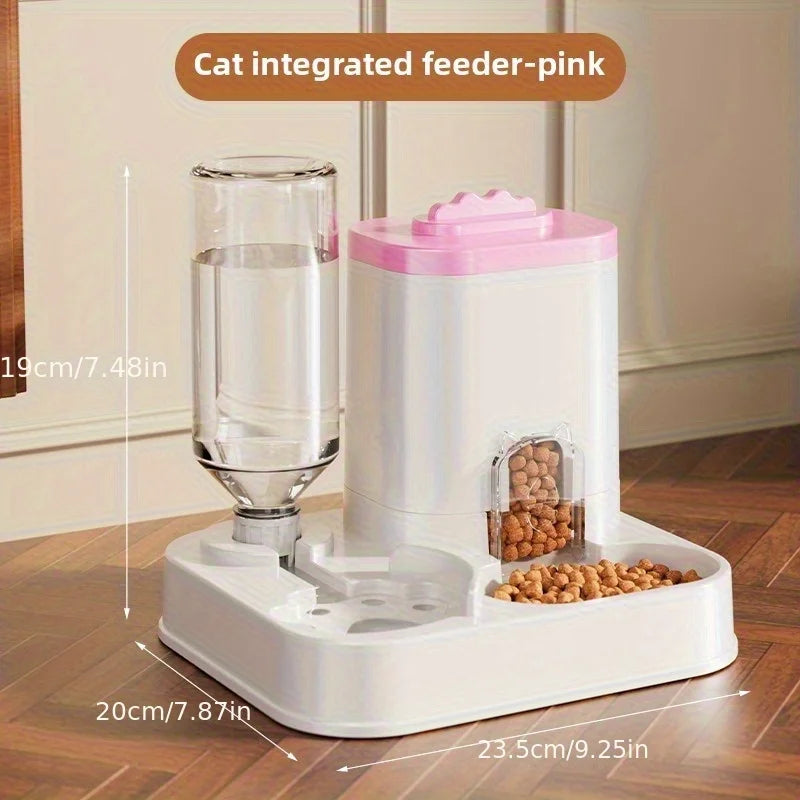 Automatic pet feeder and water dispenser in white with clear water tube and pink lid