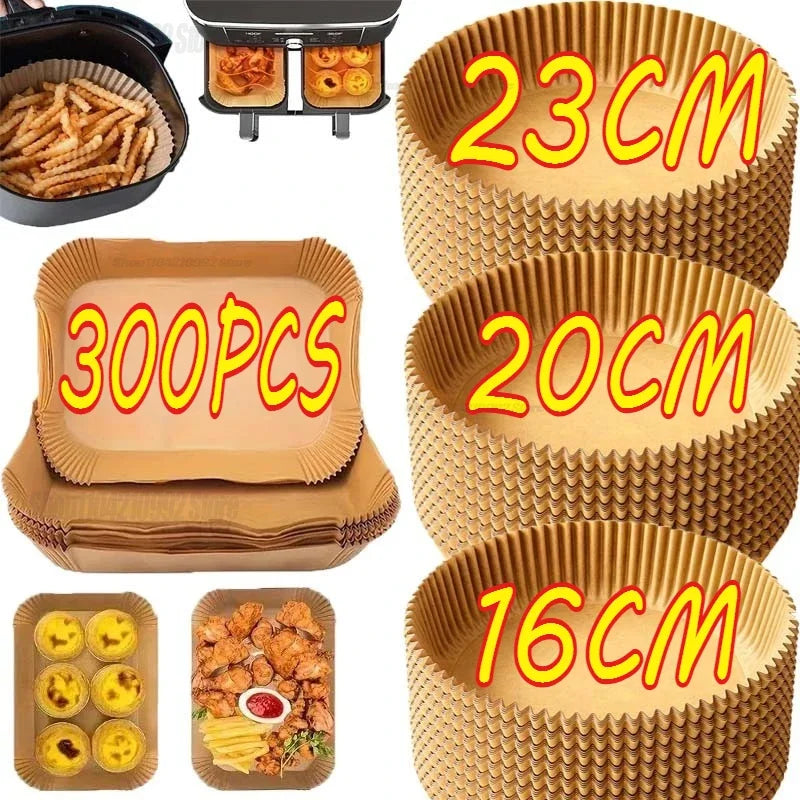 Air fryer paper liners set in round sizes, shown as 23cm, 20cm, and 16cm