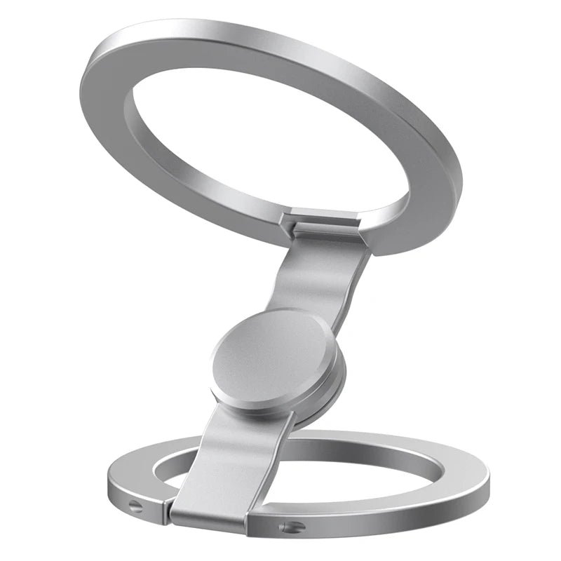 Silver magnetic phone stand with fingertip gyroscope, open ring base
