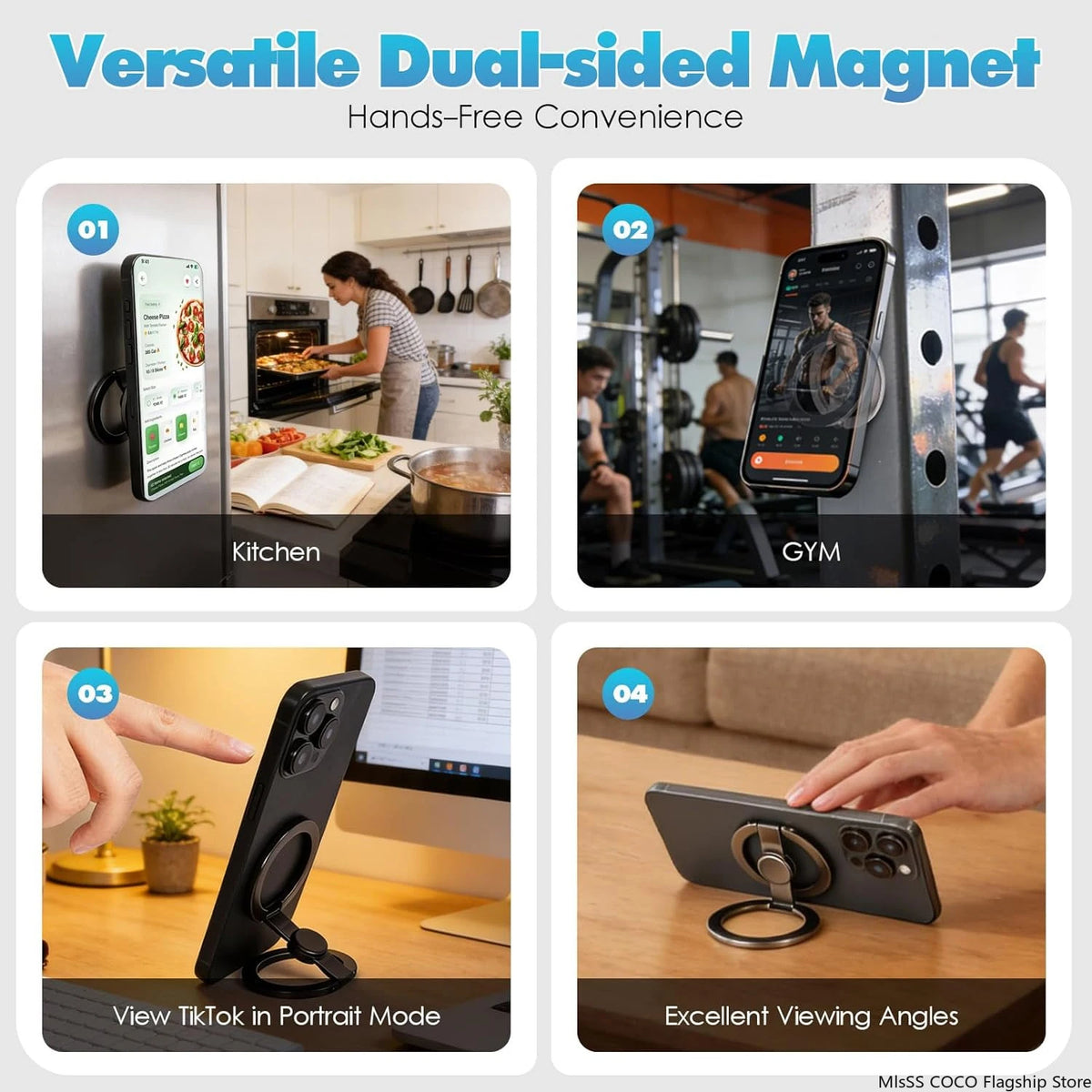 Dual-sided magnetic phone holder ring with hands-free viewing angles stand