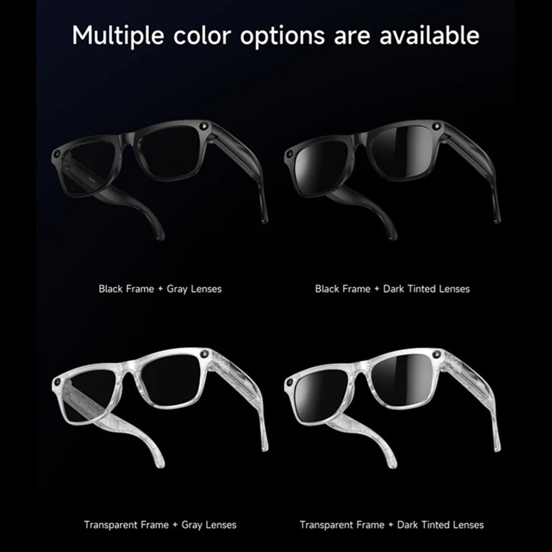 Multiple smart glasses styles: black frames and clear frames with gray or dark lenses