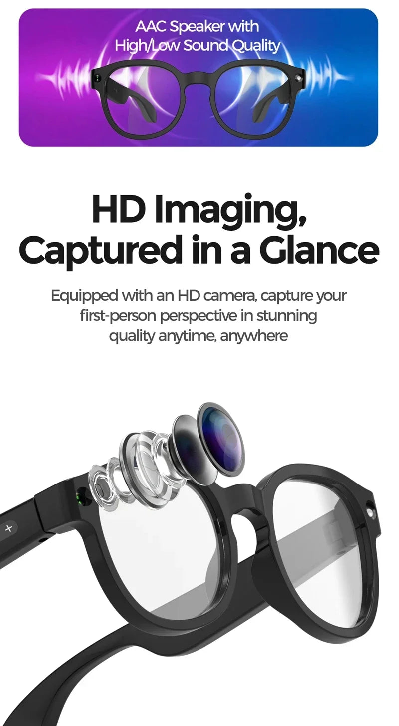 Black smart sunglasses with prominent multi-camera module and blue-tinted round lenses