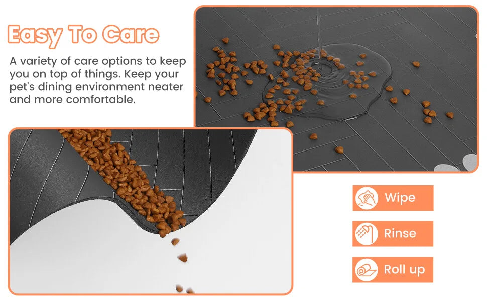 Dark grey pet feeding mat with paw prints, showing spilled kibble on the surface