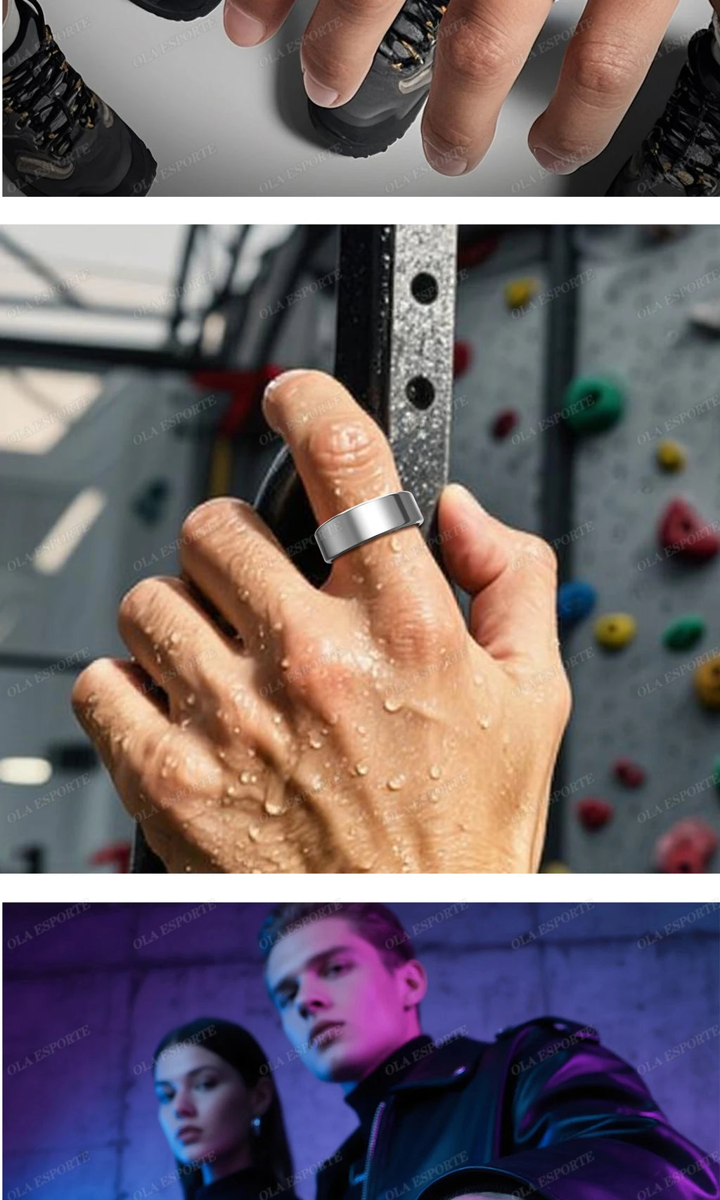 Silver smart health ring on wet finger, close-up with water droplets