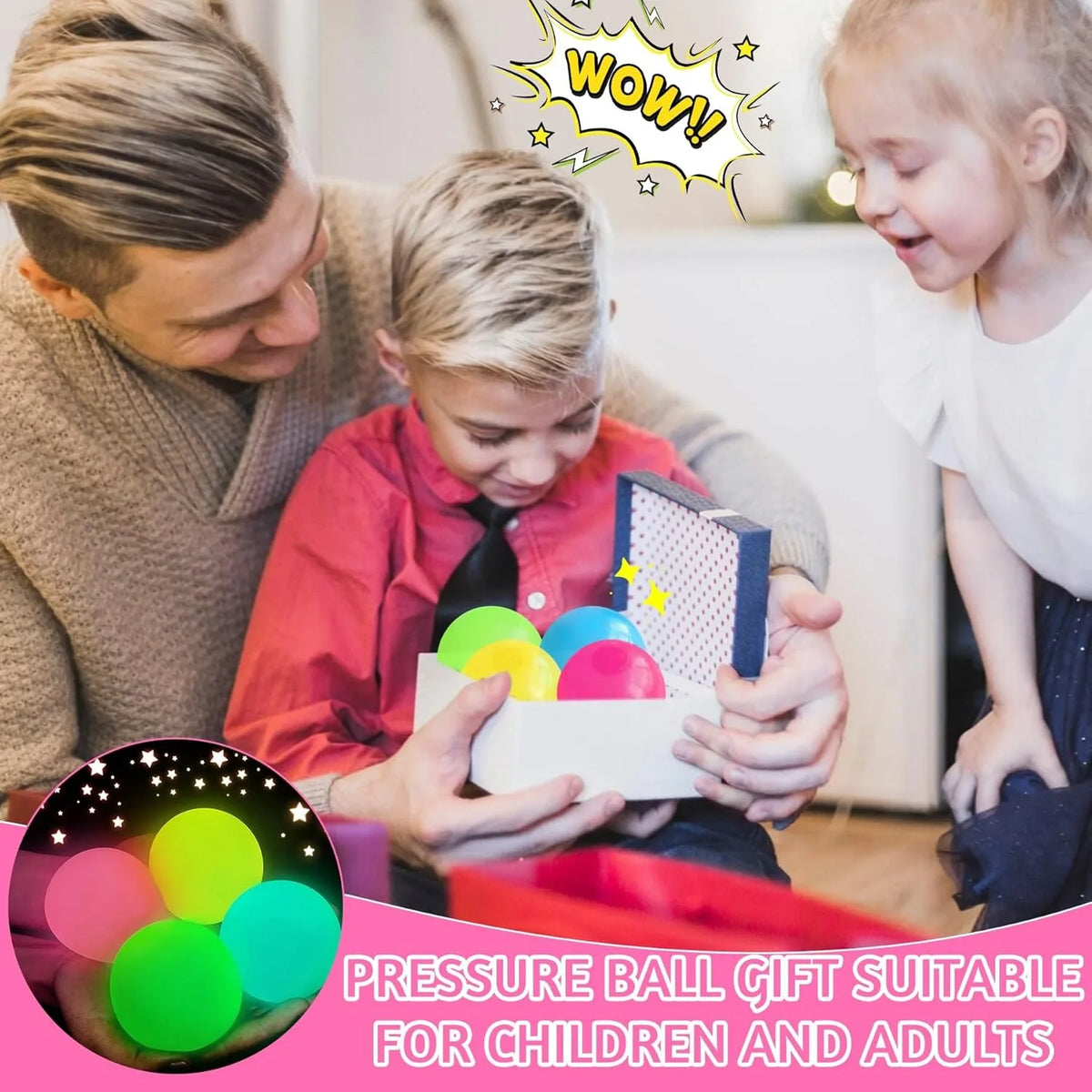 Glow-in-the-dark pressure ball gift box with colorful ball icon