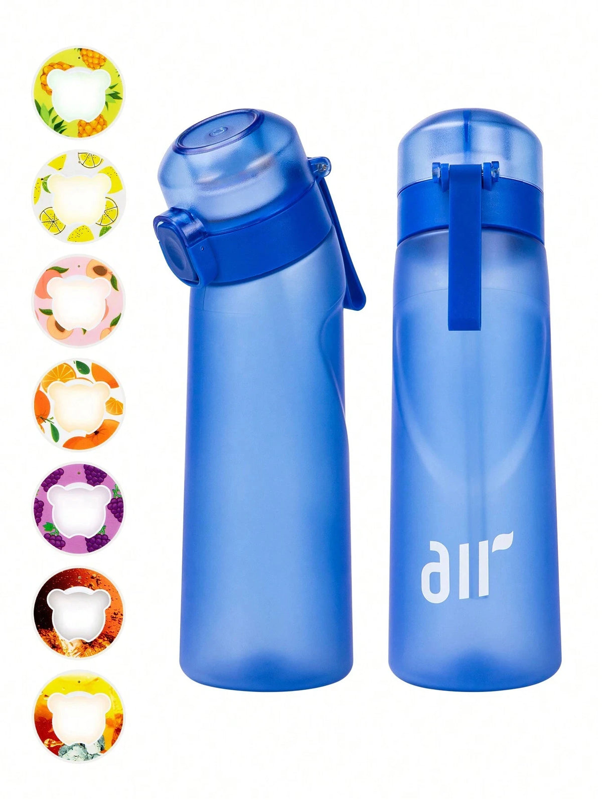 Blue portable air water bottle with flip top lid and carry handle