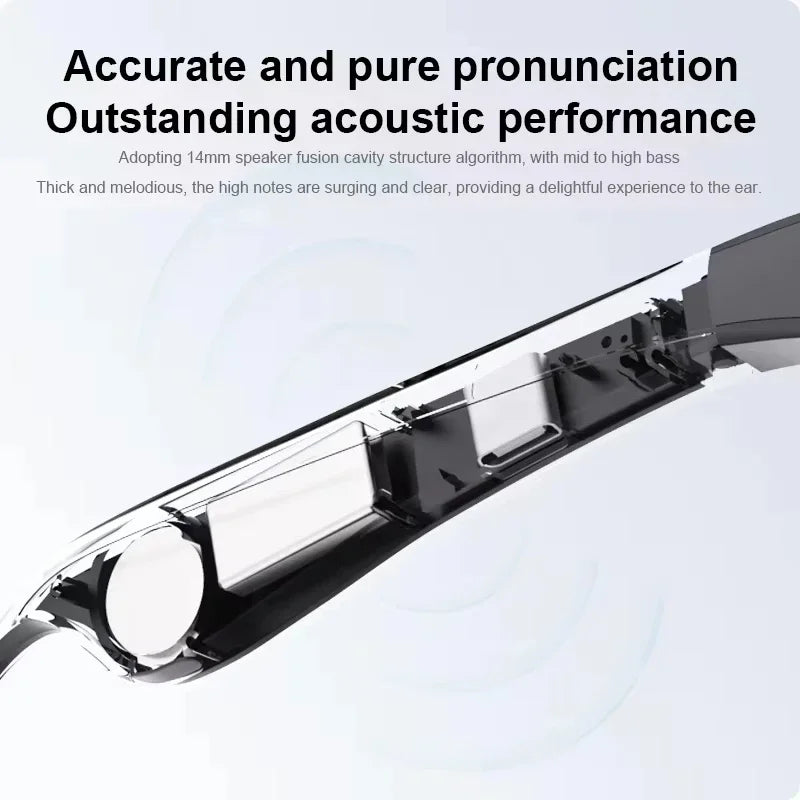 Black audio glasses speaker module detail with internal bar mechanism