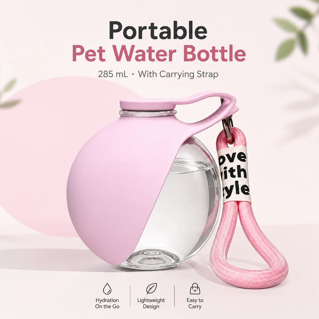 Pink portable pet water bottle with clear cup and carrying strap, leak-proof design