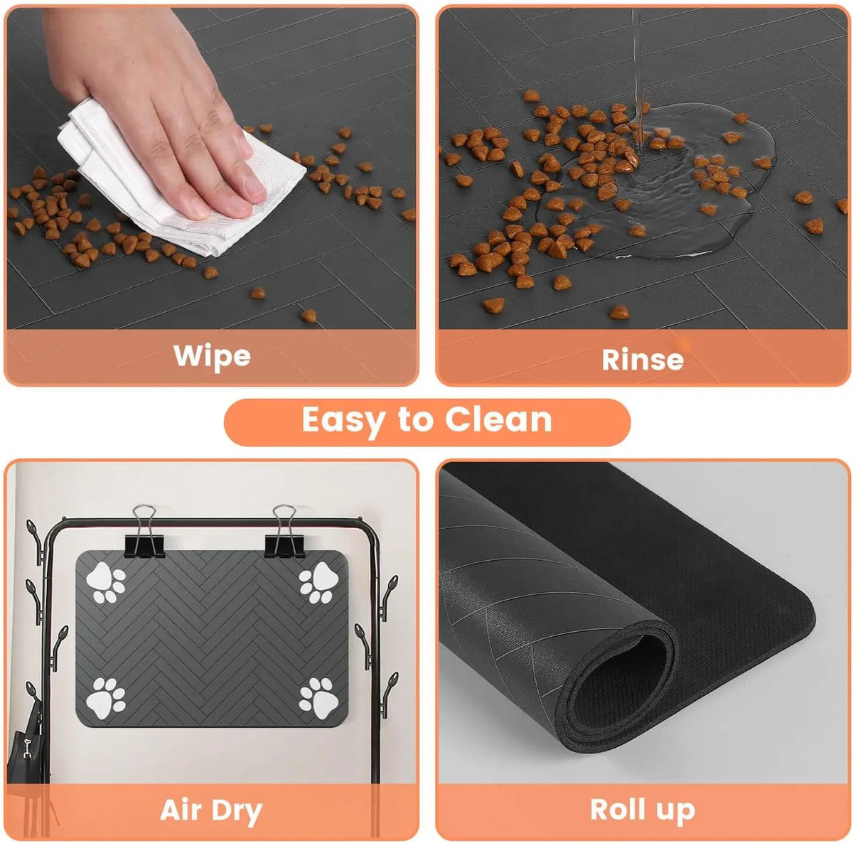 Dark grey pet feeding mat with paw prints, with easy wipe and rinse shown