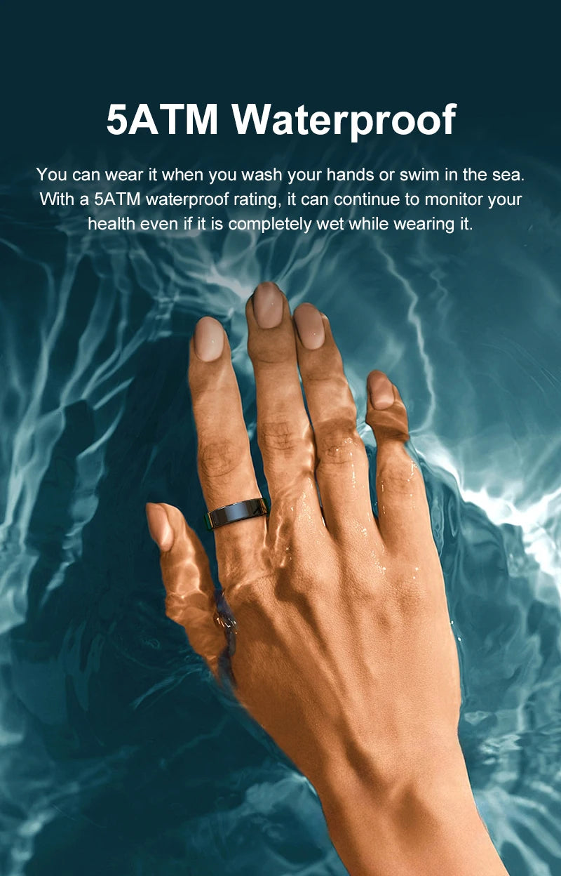 Smart health ring on finger underwater, 5ATM waterproof concept