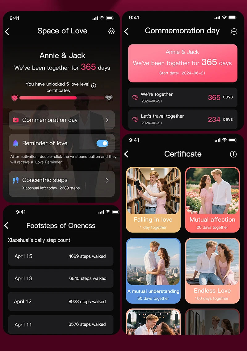 Smart health ring app screenshots on smartphone showing workout and certificate panels