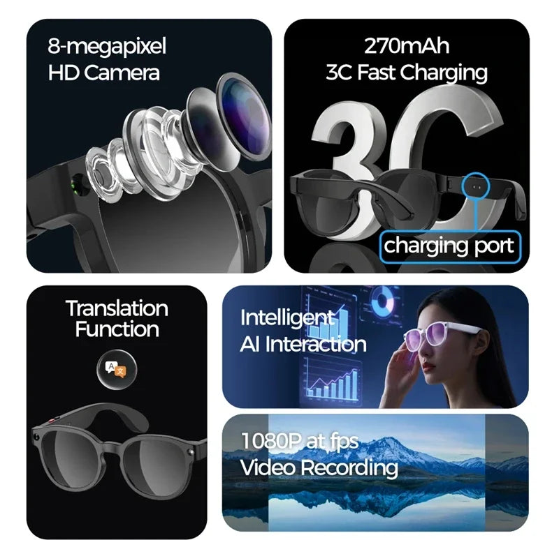 Black smart sunglasses with blue lenses and visible camera, 8-megapixel HD design