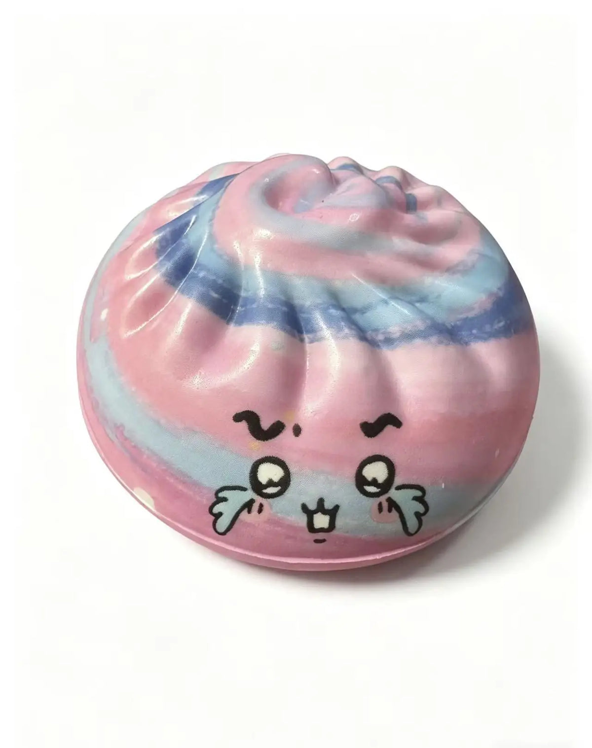 Pastel dumpling squishy toy with cute face and pink blue swirl design