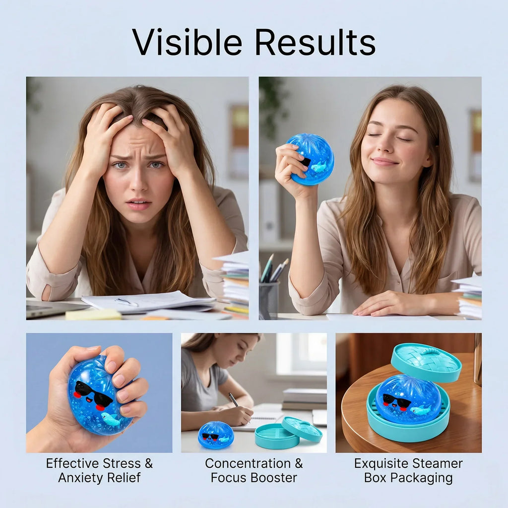 Blue shark dumpling stress ball with black-red face details