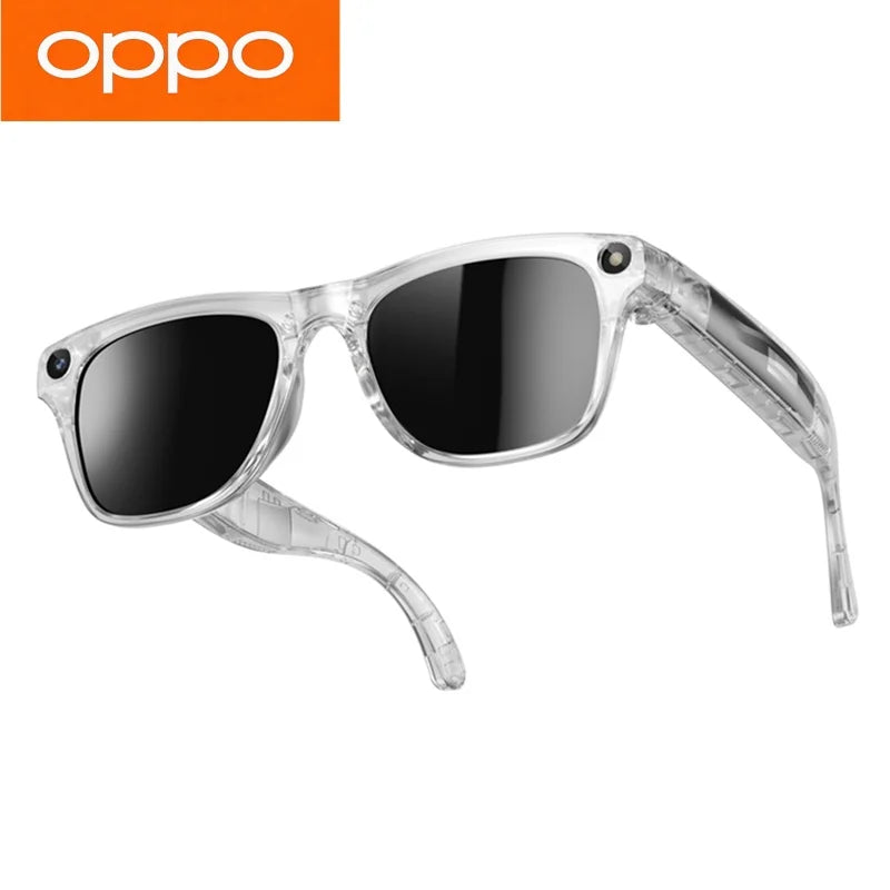 Smart AI camera glasses with clear frame and dark tinted lenses