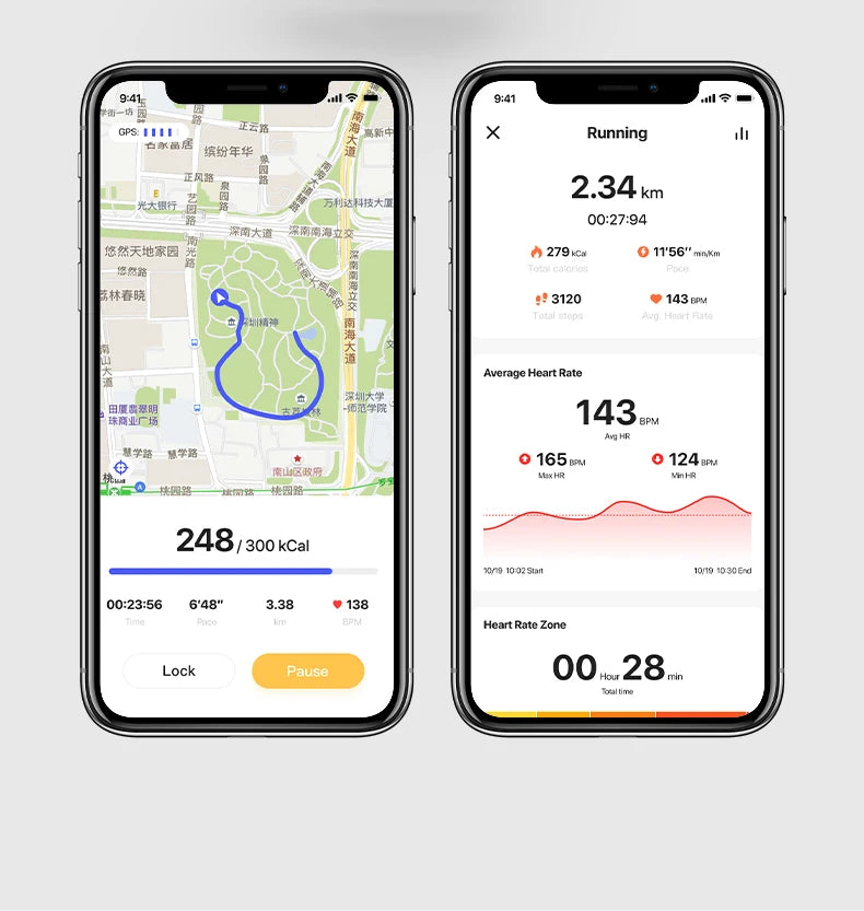 Health tracker ring app screens showing running distance and average heart rate data