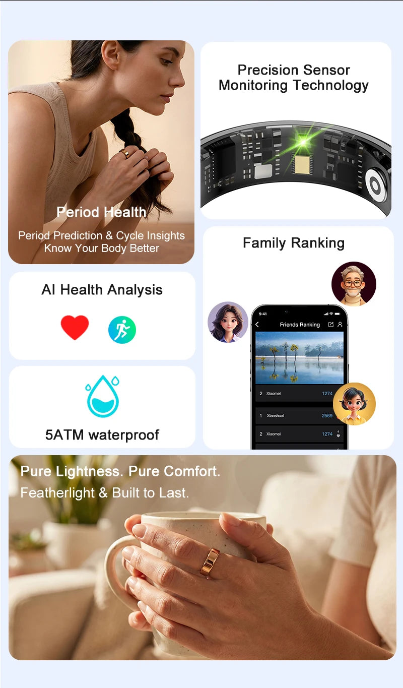 Smart health ring app preview with precision sensor and 5ATM waterproof badge