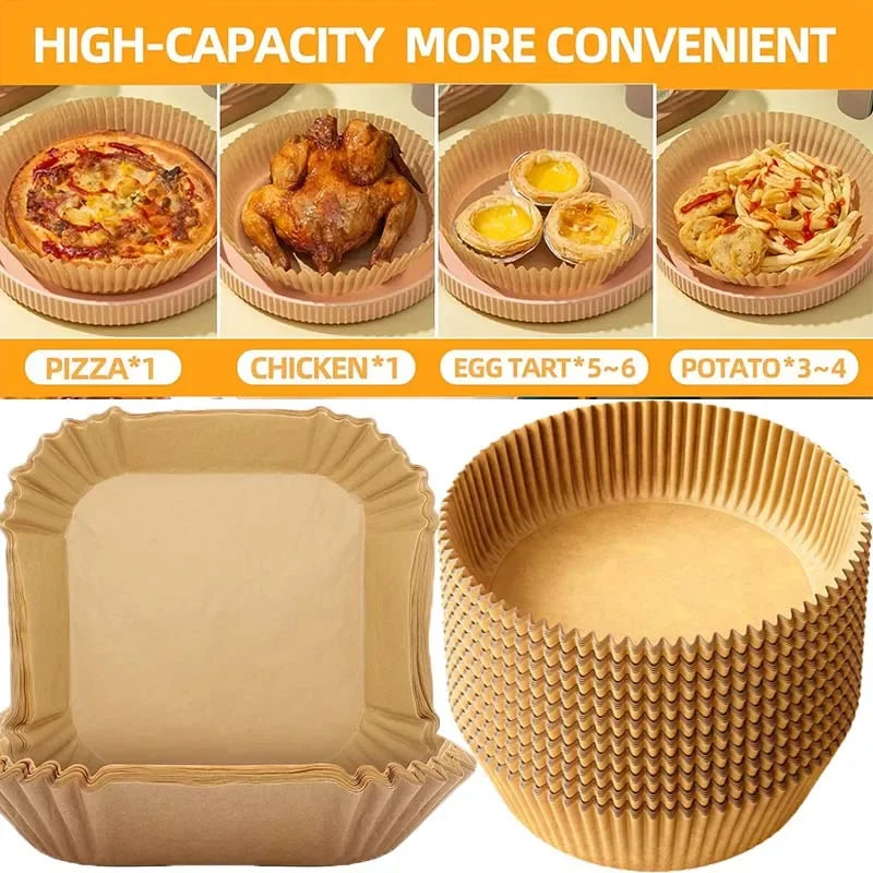 Air fryer paper liners in round and square shapes, shown stacked for high capacity