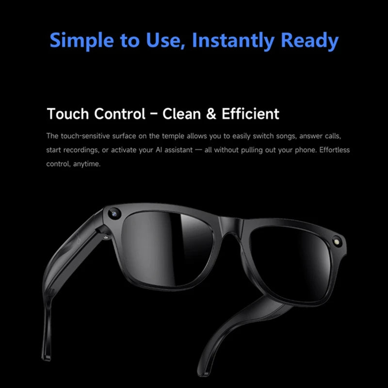 Smart AI camera glasses with dark lenses and black frame, temple touch controls