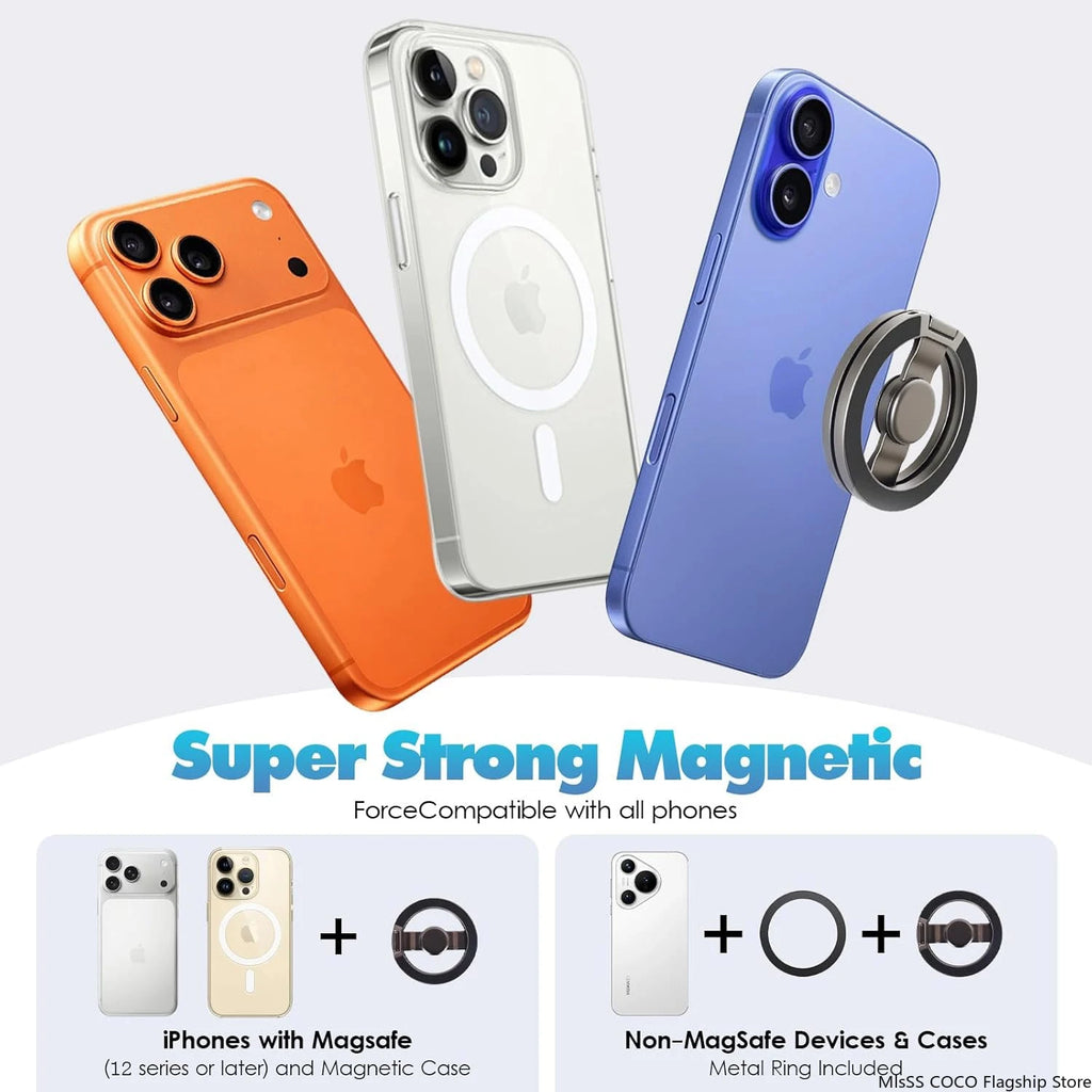 Magnetic ring grip phone holder stand shown with compatible phone cases