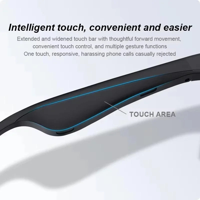 Black audio glasses temple arm with a blue touch area stripe