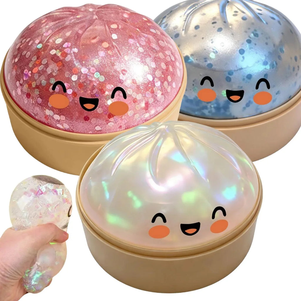 Glitter squishy dumpling stress ball set with cute faces in round gold bases